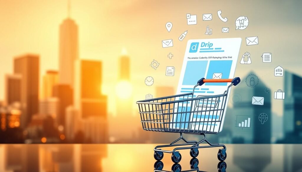 Drip email marketing campaign with online shopping cart in the foreground, surrounded by a well-designed email template, various icons and graphics related to ecommerce and digital marketing. The background features a soft, blurred cityscape with skyscrapers and a warm, golden lighting that creates a professional and revenue-focused atmosphere. The overall composition should convey a sense of dynamic, data-driven email automation that drives sales and revenue for an online store. Drip email marketing campaign with online shopping cart in the foreground, surrounded by a well-designed email template, various icons and graphics related to ecommerce and digital marketing. The background features a soft, blurred cityscape with skyscrapers and a warm, golden lighting that creates a professional and revenue-focused atmosphere. The overall composition should convey a sense of dynamic, data-driven email automation that drives sales and revenue for an online store.