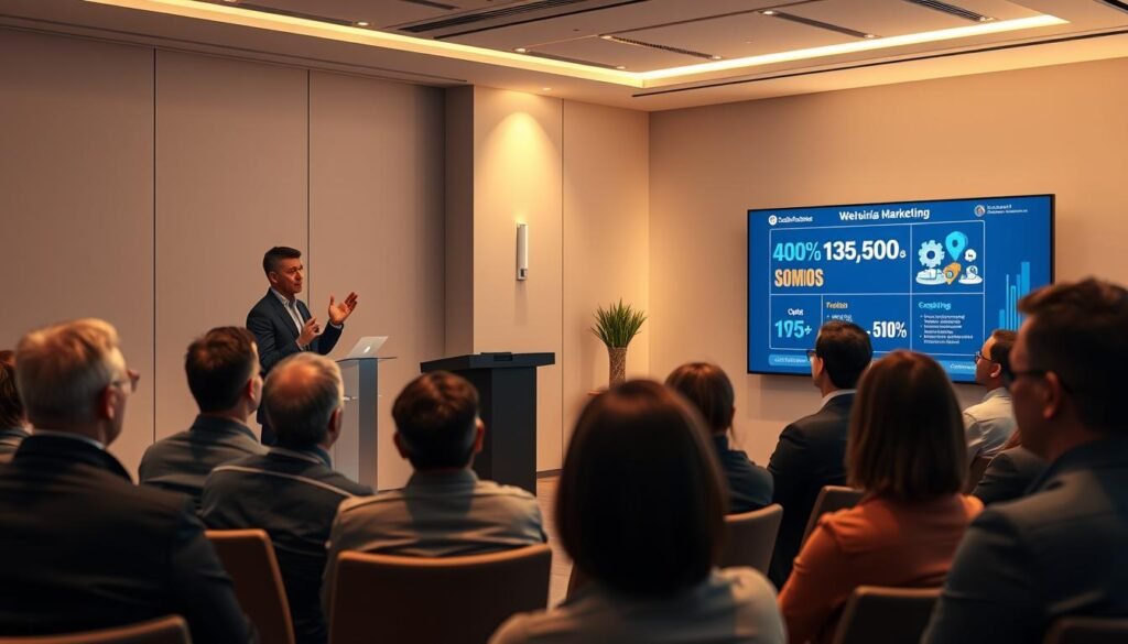 High-quality, photorealistic webinar marketing scene with a professional presenter standing at a lectern, facing an attentive audience in a modern conference room. The presenter is gesturing while delivering a presentation, with a large display screen showing relevant marketing graphics and statistics in the background. Warm, soft lighting illuminates the scene, creating a pleasant and engaging atmosphere. The room has sleek, minimalist design elements, with clean lines and neutral tones that complement the webinar theme. The audience members are intently focused on the presentation, creating a sense of active engagement and participation. High-quality, photorealistic webinar marketing scene with a professional presenter standing at a lectern, facing an attentive audience in a modern conference room. The presenter is gesturing while delivering a presentation, with a large display screen showing relevant marketing graphics and statistics in the background. Warm, soft lighting illuminates the scene, creating a pleasant and engaging atmosphere. The room has sleek, minimalist design elements, with clean lines and neutral tones that complement the webinar theme. The audience members are intently focused on the presentation, creating a sense of active engagement and participation.