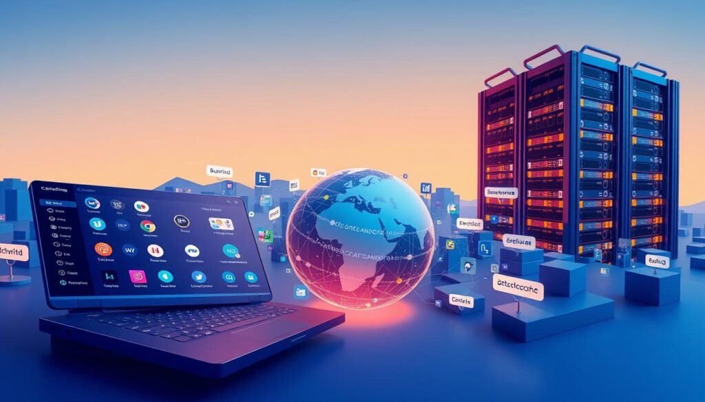 Integrations and Domains: A Panoramic View A vibrant, three-dimensional scene showcasing a diverse array of software integrations and domain representations. In the foreground, a sleek, minimalist UI displays various interconnected apps and services, their icons and logos subtly illuminated. The middle ground features a stylized globe, its surface a mosaic of interconnected subdomains and TLDs, suggesting the interconnected nature of the digital world. In the background, a towering data center rises, its servers and cooling systems bathed in a warm, technological glow, symbolizing the robust infrastructure that powers modern web experiences. The overall scene conveys a sense of harmony, efficiency, and the seamless integration of digital tools and platforms.