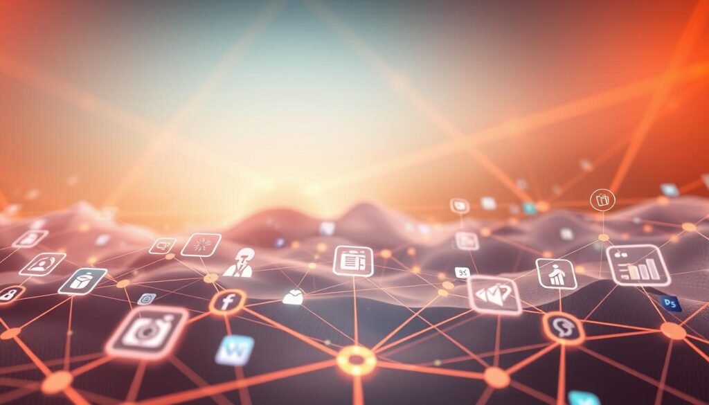 Integrations tools: a futuristic digital landscape showcasing seamless connectivity. In the foreground, various app icons and software logos intertwine, symbolizing the harmonious flow of data and functionalities. The middle ground features sleek, minimalist UI elements, conveying the intuitive user experience. In the background, a serene, ethereal backdrop with subtle gradients and geometric patterns evokes a sense of technological elegance. Warm, directional lighting casts a soft glow, creating a welcoming and innovative atmosphere. The overall composition suggests the power of integration, enabling a cohesive and efficient digital ecosystem. Integrations tools: a futuristic digital landscape showcasing seamless connectivity. In the foreground, various app icons and software logos intertwine, symbolizing the harmonious flow of data and functionalities. The middle ground features sleek, minimalist UI elements, conveying the intuitive user experience. In the background, a serene, ethereal backdrop with subtle gradients and geometric patterns evokes a sense of technological elegance. Warm, directional lighting casts a soft glow, creating a welcoming and innovative atmosphere. The overall composition suggests the power of integration, enabling a cohesive and efficient digital ecosystem.