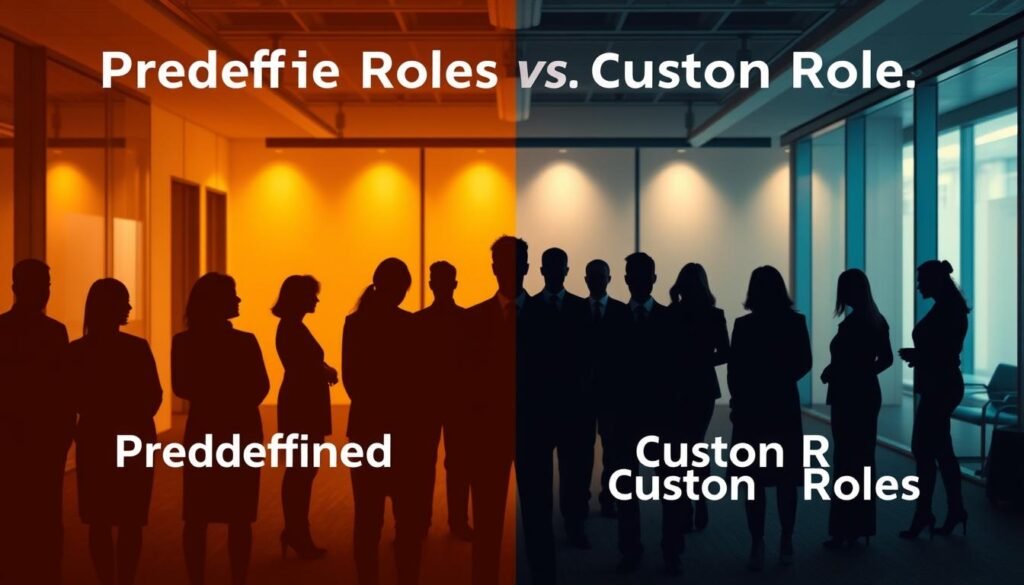 Predefined roles versus custom roles: a visually striking contrast in an office setting. In the foreground, a group of people representing standardized access levels, their silhouettes defined by clean lines and a uniform aesthetic. In the middle ground, a more diverse array of individuals, each with a unique set of permissions, symbolizing the flexibility of custom roles. The background features a sleek, modern office environment, bathed in warm, directional lighting that casts dynamic shadows, emphasizing the sense of structure and hierarchy. The overall mood is one of professionalism, organization, and the balance between standardization and personalization in access management. Predefined roles versus custom roles: a visually striking contrast in an office setting. In the foreground, a group of people representing standardized access levels, their silhouettes defined by clean lines and a uniform aesthetic. In the middle ground, a more diverse array of individuals, each with a unique set of permissions, symbolizing the flexibility of custom roles. The background features a sleek, modern office environment, bathed in warm, directional lighting that casts dynamic shadows, emphasizing the sense of structure and hierarchy. The overall mood is one of professionalism, organization, and the balance between standardization and personalization in access management.