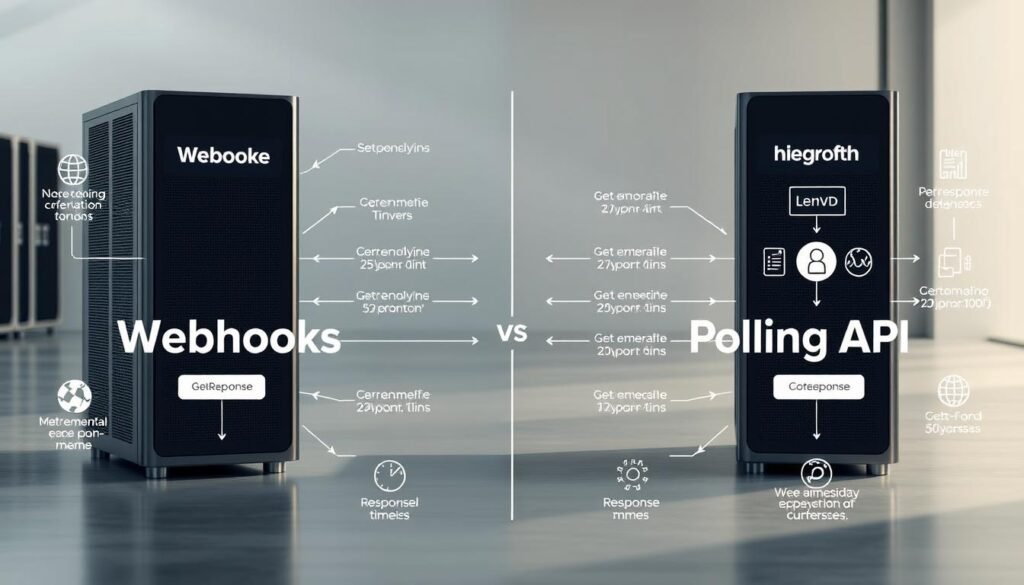 Prompt A detailed technical diagram showcasing the key differences between GetResponse Webhooks and Polling API. In the foreground, two sleek servers, one labeled "Webhooks" and the other "Polling API", stand in a minimalist industrial setting. Surrounding them, an array of data flow arrows, symbols, and metrics illustrate the distinct mechanisms, response times, and reliability of each integration method. The background is bathed in soft, neutral lighting, creating a calm, informative atmosphere for the visual comparison. The overall design is clean, modern, and oriented to highlight the core contrasting features of the two integration approaches. Prompt A detailed technical diagram showcasing the key differences between GetResponse Webhooks and Polling API. In the foreground, two sleek servers, one labeled "Webhooks" and the other "Polling API", stand in a minimalist industrial setting. Surrounding them, an array of data flow arrows, symbols, and metrics illustrate the distinct mechanisms, response times, and reliability of each integration method. The background is bathed in soft, neutral lighting, creating a calm, informative atmosphere for the visual comparison. The overall design is clean, modern, and oriented to highlight the core contrasting features of the two integration approaches.