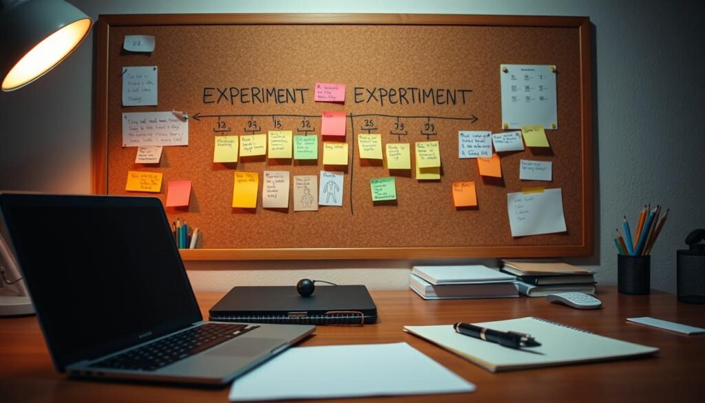 Prompt A neatly organized workstation with a laptop, notepad, and pen, illuminated by warm, focused lighting. A cork board in the background displays a meticulously designed experiment timeline, complete with colorful sticky notes, sketches, and annotations. The scene conveys a sense of thoughtful planning, attention to detail, and the process of refining a targeted marketing campaign. The overall mood is one of focused, creative problem-solving, with a subtle air of anticipation for the outcomes of the experiment. Prompt A neatly organized workstation with a laptop, notepad, and pen, illuminated by warm, focused lighting. A cork board in the background displays a meticulously designed experiment timeline, complete with colorful sticky notes, sketches, and annotations. The scene conveys a sense of thoughtful planning, attention to detail, and the process of refining a targeted marketing campaign. The overall mood is one of focused, creative problem-solving, with a subtle air of anticipation for the outcomes of the experiment.
