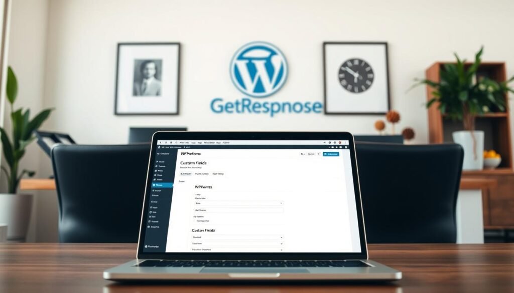 Prompt A well-designed software interface showcasing the integration of GetResponse and WordPress. In the foreground, a laptop display prominently features the WPForms plugin, with the custom fields section clearly visible. The middle ground includes a GetResponse logo and branding, highlighting the seamless connection between the two platforms. The background features a clean, professional workspace with tasteful office decor, suggesting a productive and organized environment. The lighting is soft and natural, creating a calming atmosphere. The camera angle is slightly elevated, giving a sense of authority and professionalism to the scene.