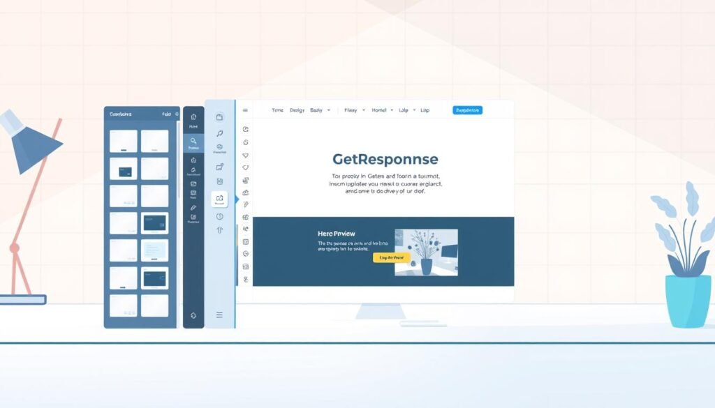 a digital illustration of a GetResponse landing page builder interface, with a responsive and user-friendly design. The foreground features a modern, clean layout with various customizable sections and drag-and-drop elements. The middle ground showcases a live preview of the landing page, displaying an eye-catching hero section, informative content blocks, and a prominent call-to-action button. The background depicts a minimalist, pastel-colored workspace with subtle grid patterns, suggesting a professional and organized environment. The lighting is soft and diffused, creating a welcoming and inviting atmosphere. The overall composition emphasizes the intuitive and visually appealing nature of the GetResponse landing page builder, perfectly capturing the essence of the tutorial subject.