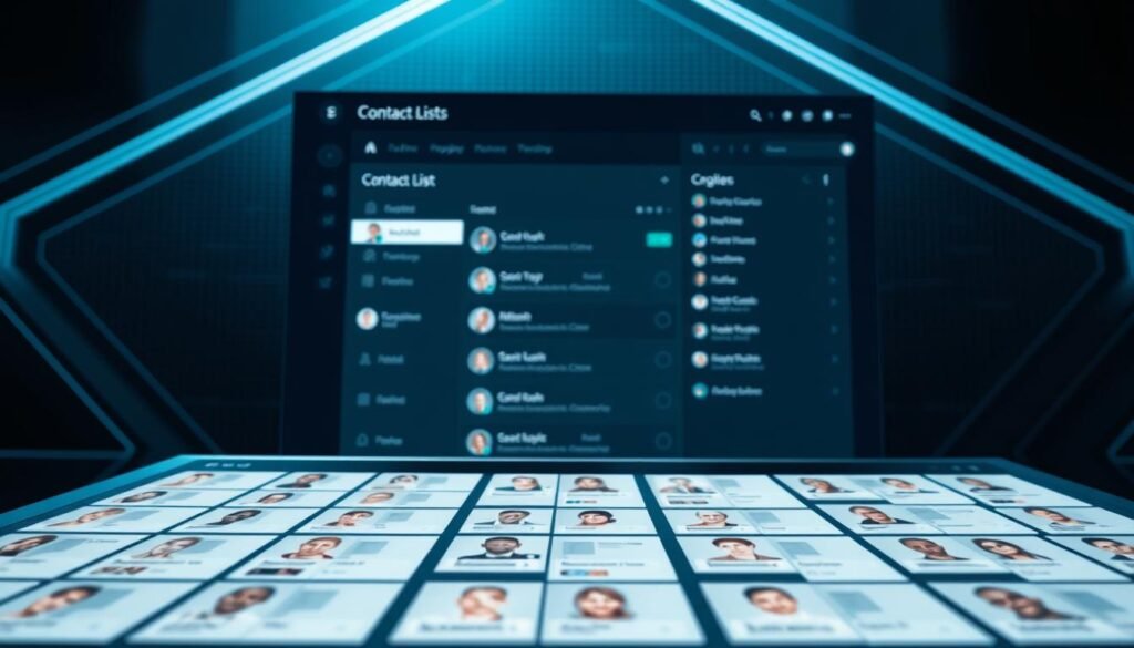 a high-tech contact list interface with a modern, minimalist aesthetic. The foreground features a grid of contact profile photos and names against a sleek, dark background. The middle ground showcases a sidebar with customizable categories and search functionality. The background has a subtle, futuristic grid pattern evoking the digital nature of the application. The lighting is crisp and clean, with a cool color palette that complements the professional, efficient tone. The camera angle is angled slightly downward, giving the impression of an advanced, enterprise-level software tool. a high-tech contact list interface with a modern, minimalist aesthetic. The foreground features a grid of contact profile photos and names against a sleek, dark background. The middle ground showcases a sidebar with customizable categories and search functionality. The background has a subtle, futuristic grid pattern evoking the digital nature of the application. The lighting is crisp and clean, with a cool color palette that complements the professional, efficient tone. The camera angle is angled slightly downward, giving the impression of an advanced, enterprise-level software tool.