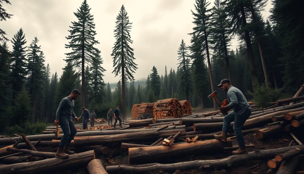 a panoramic view of a rugged forest landscape, with towering evergreen trees stretching up towards a cloudy, overcast sky. In the foreground, a group of loggers are hard at work, their axes and chainsaws cutting through the thick trunks of fallen trees. The scene is illuminated by a warm, diffused natural light, casting long shadows across the forest floor. The loggers wear sturdy work boots, gloves, and protective gear, their faces partially obscured by the noise and dust of their labor. In the middle ground, piles of freshly-cut logs are stacked neatly, ready for transport. The background is filled with the dense, untamed wilderness, suggesting the vastness and importance of the forestry industry's work. An atmosphere of diligence, hard work, and the power of nature pervades the image. a panoramic view of a rugged forest landscape, with towering evergreen trees stretching up towards a cloudy, overcast sky. In the foreground, a group of loggers are hard at work, their axes and chainsaws cutting through the thick trunks of fallen trees. The scene is illuminated by a warm, diffused natural light, casting long shadows across the forest floor. The loggers wear sturdy work boots, gloves, and protective gear, their faces partially obscured by the noise and dust of their labor. In the middle ground, piles of freshly-cut logs are stacked neatly, ready for transport. The background is filled with the dense, untamed wilderness, suggesting the vastness and importance of the forestry industry's work. An atmosphere of diligence, hard work, and the power of nature pervades the image.