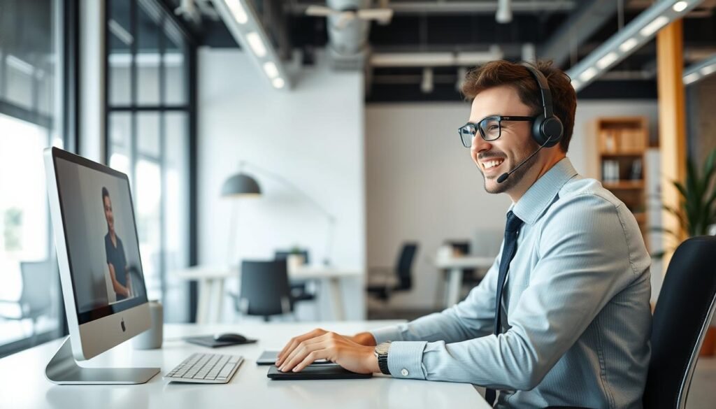 a professional customer service representative sitting at a desk in a modern office, providing attentive and empathetic assistance to a customer on a video call, with a warm, supportive and approachable expression, the office backdrop featuring minimalist decor and plenty of natural light, creating a welcoming and productive atmosphere for productive collaboration and problem-solving, the overall scene conveying a sense of care, efficiency and a commitment to customer satisfaction. a professional customer service representative sitting at a desk in a modern office, providing attentive and empathetic assistance to a customer on a video call, with a warm, supportive and approachable expression, the office backdrop featuring minimalist decor and plenty of natural light, creating a welcoming and productive atmosphere for productive collaboration and problem-solving, the overall scene conveying a sense of care, efficiency and a commitment to customer satisfaction.