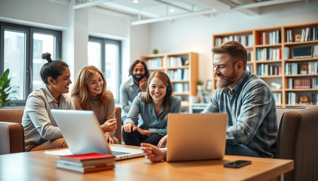 a warm, supportive and welcoming office environment with a group of people working together, providing assistance and guidance to one another. a bright, modern space with large windows, comfortable furniture, and a collaborative atmosphere. the foreground features a diverse team of professionals intently focused on a laptop, offering advice and sharing knowledge. the middle ground showcases a customer service representative cheerfully engaging with a client over a video call, their expressions conveying empathy and a desire to help. the background depicts a well-stocked resource library, shelves filled with relevant books and materials, signifying the depth of knowledge and support available. the lighting is soft and flattering, creating a sense of approachability and trust. the overall mood is one of productivity, community, and a shared commitment to success.