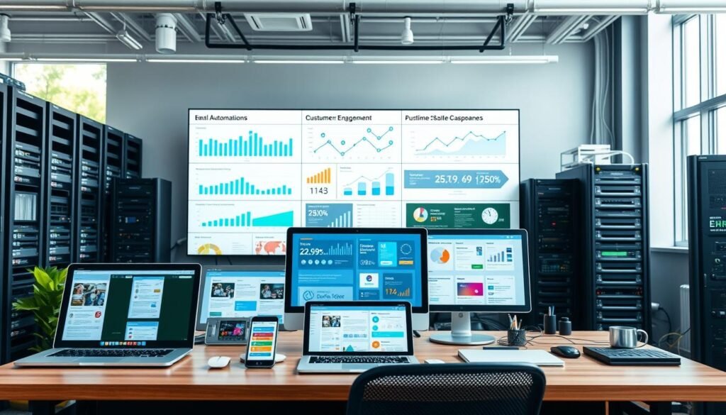 A bustling office scene with a variety of digital devices and screens, showcasing multichannel marketing automation. In the foreground, a modern desk with a laptop, tablet, and smartphone displaying email campaigns, social media posts, and analytics dashboards. In the middle ground, a wall-mounted display presenting real-time performance metrics and cross-channel customer engagement data. The background features an array of servers and networking equipment, conveying the technical infrastructure powering the seamless automation of marketing campaigns across multiple channels. Bright, natural lighting filters through large windows, creating a sense of productivity and efficiency. The overall atmosphere is one of a well-oiled, data-driven marketing operation.