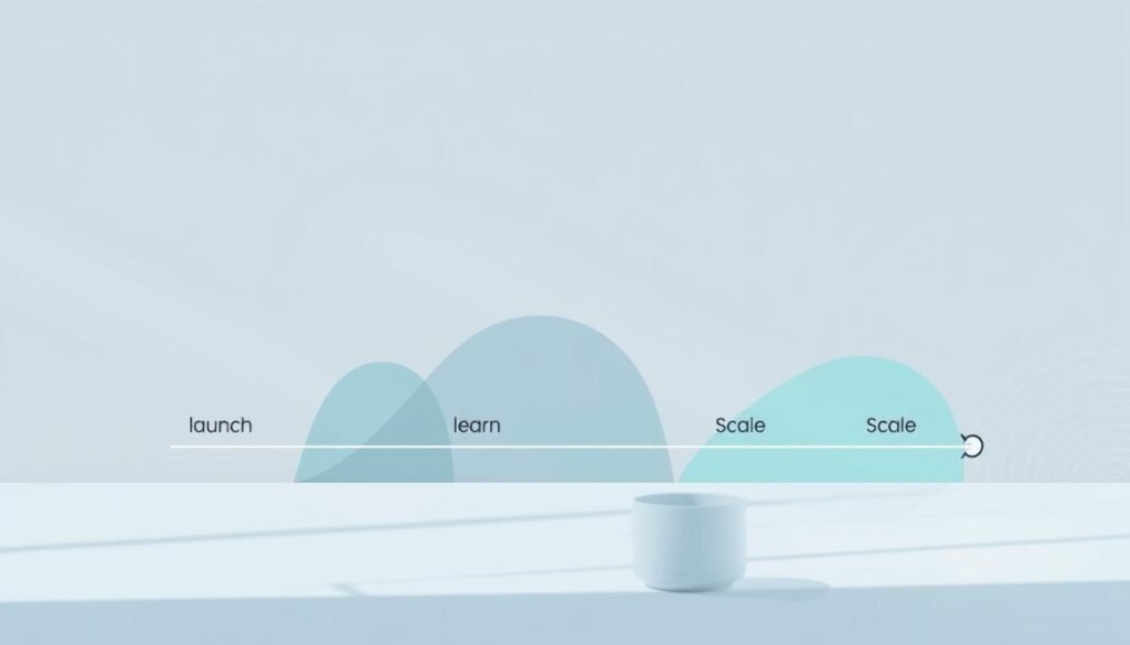 A clean, minimalist implementation roadmap with a sleek, professional aesthetic. In the foreground, a simple timeline diagram depicting the stages of "launch, learn, and scale" for a customer retention program, rendered in muted shades of blue, gray, and green. The middle ground features abstract geometric shapes and patterns, conveying the sense of a structured plan. In the background, a subtly textured gradient backdrop, evoking a sense of progress and forward momentum. Soft, directional lighting casts gentle shadows, creating depth and dimensionality. The overall mood is one of clarity, organization, and strategic focus.