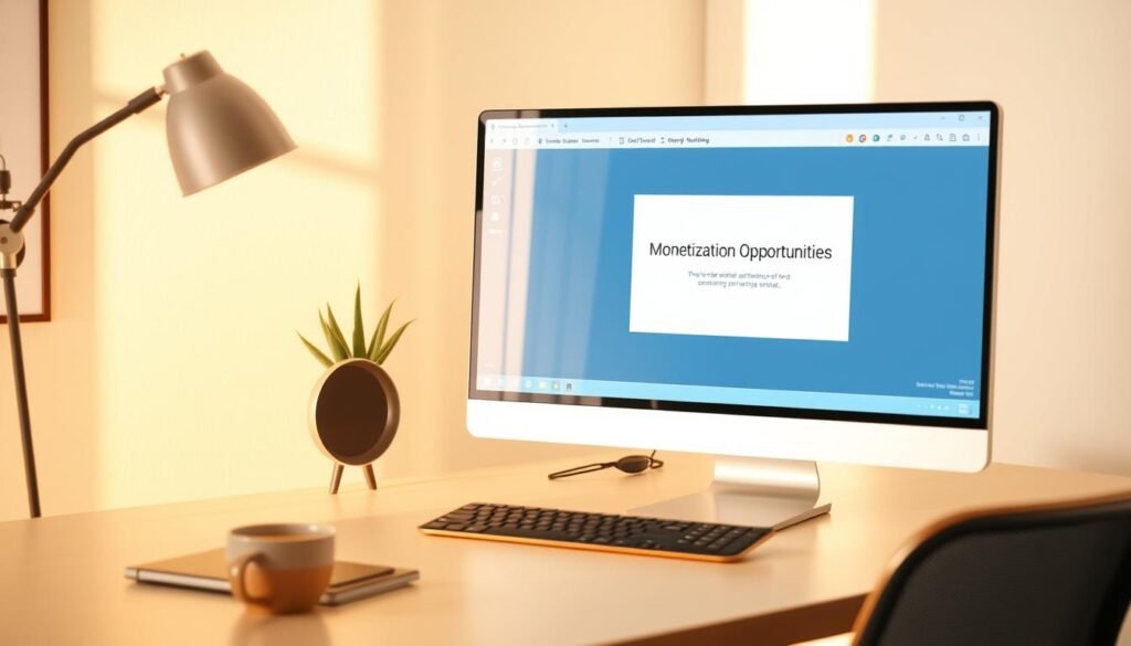 A clean, minimalist workspace with a modern desk and computer setup. On the screen, an email composition window with the subject line "Monetization Opportunities" appears, conveying the idea of email-based partnerships and revenue generation. Warm, natural lighting illuminates the scene, creating a professional and inviting atmosphere. The composition emphasizes the focal point of the email window, with subtle background elements like a plant or office decor adding visual interest. The overall tone is one of productivity, optimization, and financial potential, reflecting the article's focus on monetization through email marketing.