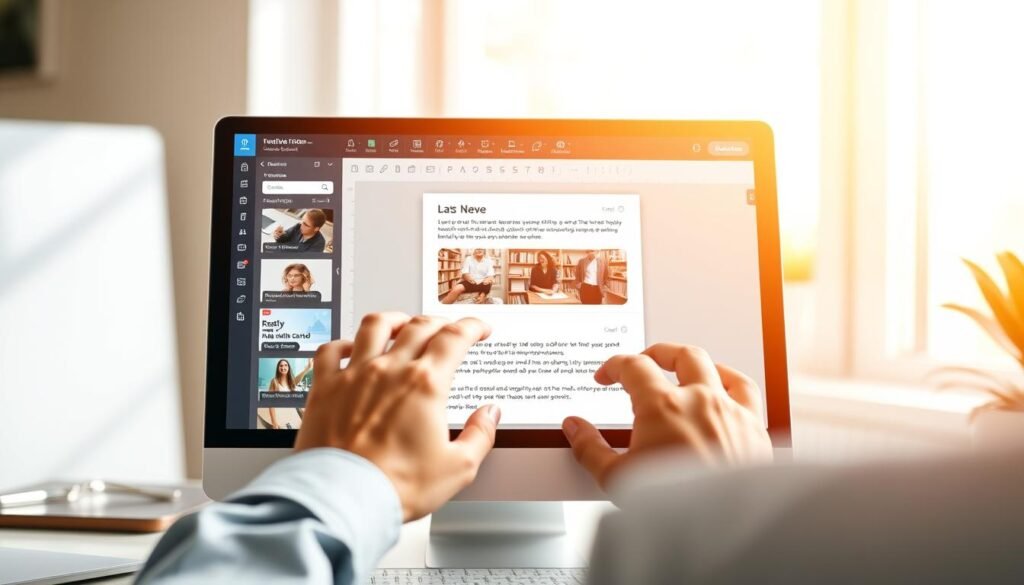A clean, modern email editor interface with intuitive tools and a minimalist design. Bright, natural lighting illuminates the screen, casting a warm, inviting glow. The user's hands are visible, deftly navigating the streamlined layout to craft a captivating newsletter. The overall atmosphere is one of efficient productivity and creative inspiration, perfectly suited for a high-performing marketing platform.
