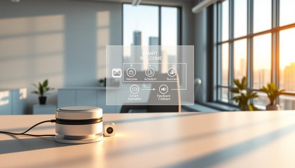 A clean, modern office space filled with futuristic automation building blocks. In the foreground, sleek IoT sensors and smart automation controllers sit atop a minimalist workstation, casting soft shadows. The middle ground features a stylized workflow diagram with icons representing welcome, activation, nudges, and feedback loops. The background showcases a large window with a cityscape view, bathed in warm, golden-hour lighting. The overall aesthetic is one of efficiency, progress, and technological innovation, reflecting the article's focus on email marketing automation. A clean, modern office space filled with futuristic automation building blocks. In the foreground, sleek IoT sensors and smart automation controllers sit atop a minimalist workstation, casting soft shadows. The middle ground features a stylized workflow diagram with icons representing welcome, activation, nudges, and feedback loops. The background showcases a large window with a cityscape view, bathed in warm, golden-hour lighting. The overall aesthetic is one of efficiency, progress, and technological innovation, reflecting the article's focus on email marketing automation.