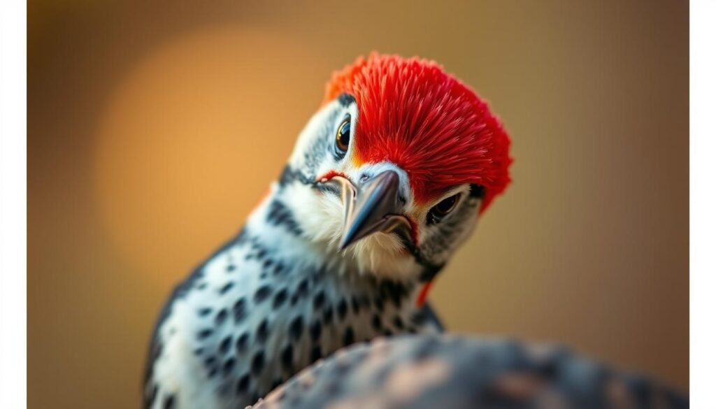 A close-up view of a curious woodpecker perched on a wooden surface, its vibrant red crest and sharp beak capturing the essence of precision and focus. The bird's head is turned slightly, its intelligent eyes scanning the surroundings, ready to deliver its message with unwavering efficiency. The background is subtly blurred, allowing the woodpecker to take center stage, symbolizing the reliability and deliverability of the Woodpecker email marketing platform. Soft, warm lighting illuminates the scene, creating a sense of professionalism and trustworthiness.