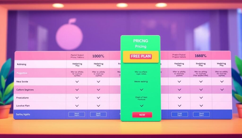 A colorful and vibrant illustration showcasing a comprehensive pricing comparison between various email marketing platforms, with a clear and prominent "FREE PLAN" call-out. The foreground should feature a sleek and modern table or grid layout, displaying the key plan details and features in a clean and organized manner. The middle ground could include subtle iconography or illustrations representing the different platforms, while the background should convey a sense of professionalism and sophistication, perhaps with a soft gradient or texture. Lighting should be warm and inviting, with a slight depth of field to draw the viewer's attention to the pricing details. The overall atmosphere should feel informative, visually appealing, and tailored to the needs of solopreneurs seeking the best email marketing solution. A colorful and vibrant illustration showcasing a comprehensive pricing comparison between various email marketing platforms, with a clear and prominent "FREE PLAN" call-out. The foreground should feature a sleek and modern table or grid layout, displaying the key plan details and features in a clean and organized manner. The middle ground could include subtle iconography or illustrations representing the different platforms, while the background should convey a sense of professionalism and sophistication, perhaps with a soft gradient or texture. Lighting should be warm and inviting, with a slight depth of field to draw the viewer's attention to the pricing details. The overall atmosphere should feel informative, visually appealing, and tailored to the needs of solopreneurs seeking the best email marketing solution.