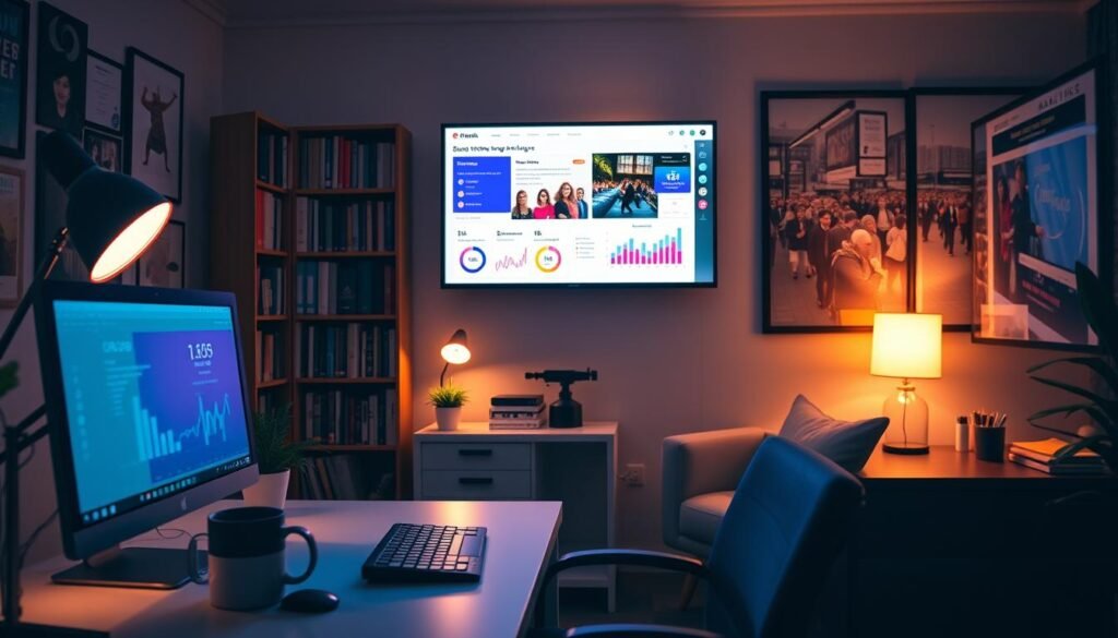 A cozy and inviting office setting, illuminated by warm, soft lighting. In the foreground, a desktop computer and keyboard sit atop a clean, uncluttered desk, with a stylish mug and a potted plant nearby. The middle ground features a comfortable office chair and a large, wall-mounted display screen, showcasing vibrant email marketing analytics and subscriber engagement data. In the background, a bookshelf filled with industry-relevant literature and a large, framed poster depicting a bustling small business scene. The overall atmosphere conveys a sense of productivity, organization, and a focus on connecting with customers through effective email communication. A cozy and inviting office setting, illuminated by warm, soft lighting. In the foreground, a desktop computer and keyboard sit atop a clean, uncluttered desk, with a stylish mug and a potted plant nearby. The middle ground features a comfortable office chair and a large, wall-mounted display screen, showcasing vibrant email marketing analytics and subscriber engagement data. In the background, a bookshelf filled with industry-relevant literature and a large, framed poster depicting a bustling small business scene. The overall atmosphere conveys a sense of productivity, organization, and a focus on connecting with customers through effective email communication.
