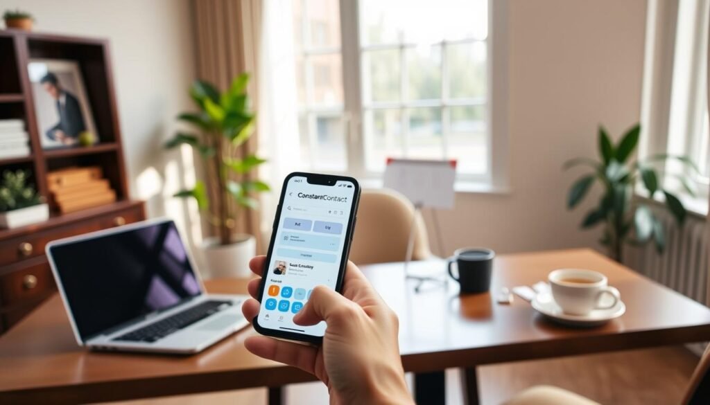 A cozy, well-lit office interior with an elegantly-furnished desk, a sleek laptop, and a vibrant plant. In the foreground, a hand holding a smartphone, with the Constant Contact app interface visible on the screen. The middle ground features a calendar and a cup of coffee, symbolizing the event-planning and community-building aspects of the platform. The background showcases a large window, allowing natural light to flood the space and create a warm, inviting atmosphere. The overall scene conveys a sense of productivity, connectivity, and professional organization, reflecting the capabilities of the Constant Contact email marketing tool. A cozy, well-lit office interior with an elegantly-furnished desk, a sleek laptop, and a vibrant plant. In the foreground, a hand holding a smartphone, with the Constant Contact app interface visible on the screen. The middle ground features a calendar and a cup of coffee, symbolizing the event-planning and community-building aspects of the platform. The background showcases a large window, allowing natural light to flood the space and create a warm, inviting atmosphere. The overall scene conveys a sense of productivity, connectivity, and professional organization, reflecting the capabilities of the Constant Contact email marketing tool.