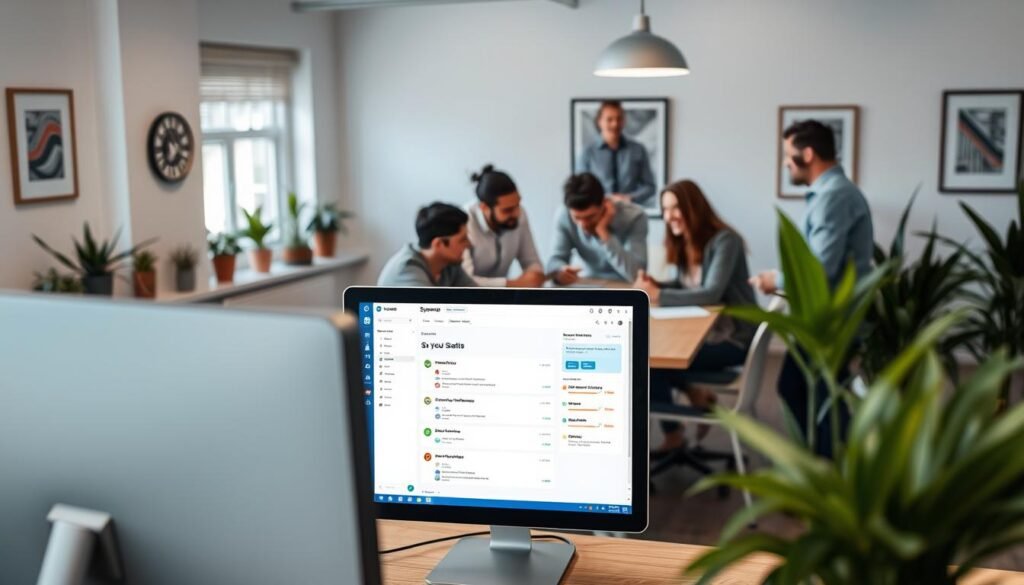 A cozy, well-lit office space with a team of small business owners enthusiastically discussing Systeme.io's user-friendly email marketing and funnel automation features. In the foreground, a desktop computer displays the Systeme.io dashboard, showcasing its intuitive interface. In the middle ground, the team huddles around a conference table, exchanging ideas and making notes. The background features minimalist decor, with potted plants and framed artwork adding a touch of personality. The overall mood is one of productivity, collaboration, and a sense of excitement about the potential of Systeme.io to streamline their business operations. A cozy, well-lit office space with a team of small business owners enthusiastically discussing Systeme.io's user-friendly email marketing and funnel automation features. In the foreground, a desktop computer displays the Systeme.io dashboard, showcasing its intuitive interface. In the middle ground, the team huddles around a conference table, exchanging ideas and making notes. The background features minimalist decor, with potted plants and framed artwork adding a touch of personality. The overall mood is one of productivity, collaboration, and a sense of excitement about the potential of Systeme.io to streamline their business operations.