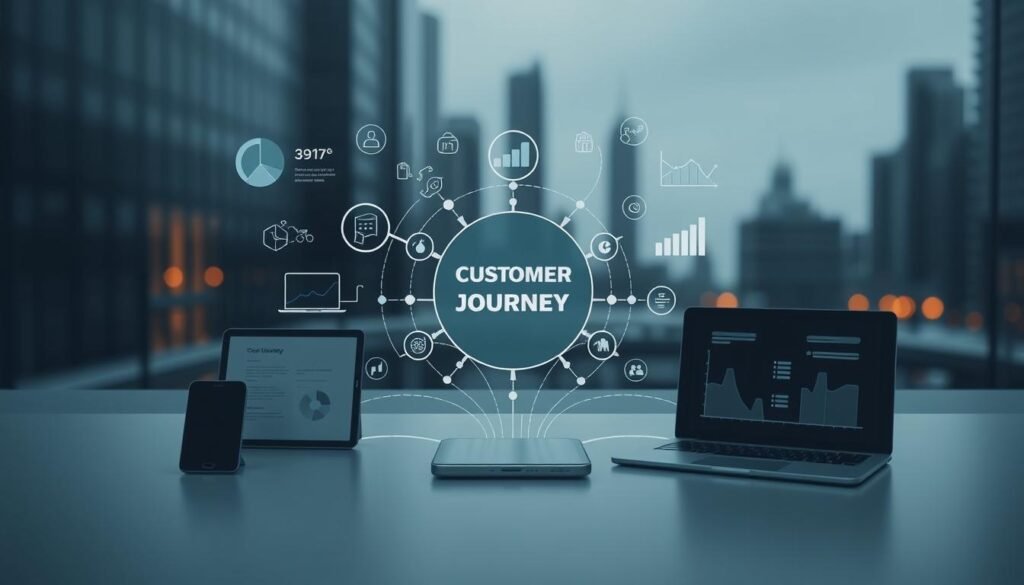A cross-channel customer journey strategy, captured in a sleek, minimal design. In the foreground, a central hub of interconnected devices - smartphones, laptops, tablets - symbolizing the seamless flow of data and interactions across multiple touchpoints. Framing this hub, a clean, elegant interface with subtle, intuitive navigation, guiding the viewer through the customer's path to conversion. The middle ground features abstract, data-driven visualizations - graphs, charts, and analytics - highlighting the insights that drive strategic decision-making. In the background, a softly blurred cityscape, conveying the dynamic, omnichannel nature of modern marketing. Muted, cool tones create a professional, authoritative atmosphere, emphasizing the strategic depth of the cross-channel approach.
