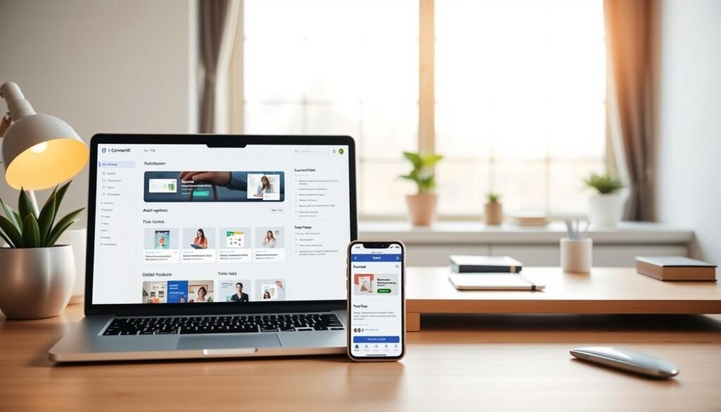 A desktop workspace showcasing the key monetization tools of the email marketing platform Kit (formerly ConvertKit). In the foreground, a laptop displays the Kit dashboard, highlighting features like subscriber segments, automated email funnels, and digital product integrations. In the middle ground, a mobile device demonstrates the responsive Kit mobile app. The background features a minimalist office setup with a potted plant, sleek desk accessories, and warm, natural lighting from a large window. The overall scene conveys a sense of efficiency, organization, and the empowerment of content creators to build sustainable online businesses. A desktop workspace showcasing the key monetization tools of the email marketing platform Kit (formerly ConvertKit). In the foreground, a laptop displays the Kit dashboard, highlighting features like subscriber segments, automated email funnels, and digital product integrations. In the middle ground, a mobile device demonstrates the responsive Kit mobile app. The background features a minimalist office setup with a potted plant, sleek desk accessories, and warm, natural lighting from a large window. The overall scene conveys a sense of efficiency, organization, and the empowerment of content creators to build sustainable online businesses.