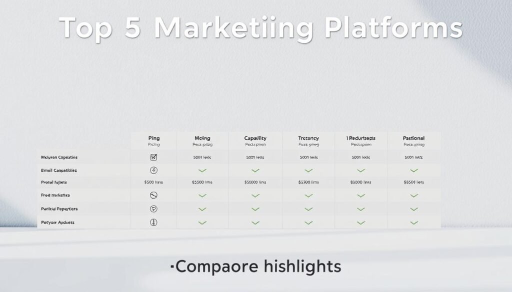 A detailed comparison of pricing and feature sets for the top 5 email marketing platforms, shown in a clean, minimalist grid layout. The foreground features icons and infographic elements highlighting key capabilities, while the middle ground presents pricing tiers and plan details in a side-by-side format. The background is a soft, textured gradient that provides a professional, elegant backdrop. Lighting is natural and diffused, with a slightly elevated camera angle to create a sense of depth and hierarchy. The overall mood is informative, data-driven, and visually appealing, perfectly suited to illustrate the "Comparison highlights" section of the article.