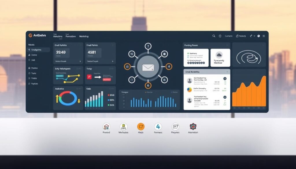 A digital workspace with a central decision-making framework. In the foreground, a sleek dashboard displays key marketing metrics and tools. The middle ground features a variety of icons representing different email marketing platforms, analytics, and automation software. In the background, a minimalist city skyline with a warm, golden glow sets the tone. The overall atmosphere conveys a sense of efficiency, productivity, and strategic decision-making for a subscription-based business. A digital workspace with a central decision-making framework. In the foreground, a sleek dashboard displays key marketing metrics and tools. The middle ground features a variety of icons representing different email marketing platforms, analytics, and automation software. In the background, a minimalist city skyline with a warm, golden glow sets the tone. The overall atmosphere conveys a sense of efficiency, productivity, and strategic decision-making for a subscription-based business.