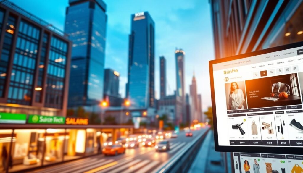 A dynamic ecommerce scene with a sleek, modern online storefront in the foreground. The storefront features an array of products displayed in a clean, minimalist layout, with high-quality product images and a visually appealing user interface. In the middle ground, a busy cityscape with skyscrapers and busy streets, suggesting a bustling urban environment. The background is lit by warm, golden sunlight, creating a vibrant and inviting atmosphere. The overall composition conveys a sense of efficiency, professionalism, and a thriving ecommerce landscape. A dynamic ecommerce scene with a sleek, modern online storefront in the foreground. The storefront features an array of products displayed in a clean, minimalist layout, with high-quality product images and a visually appealing user interface. In the middle ground, a busy cityscape with skyscrapers and busy streets, suggesting a bustling urban environment. The background is lit by warm, golden sunlight, creating a vibrant and inviting atmosphere. The overall composition conveys a sense of efficiency, professionalism, and a thriving ecommerce landscape.