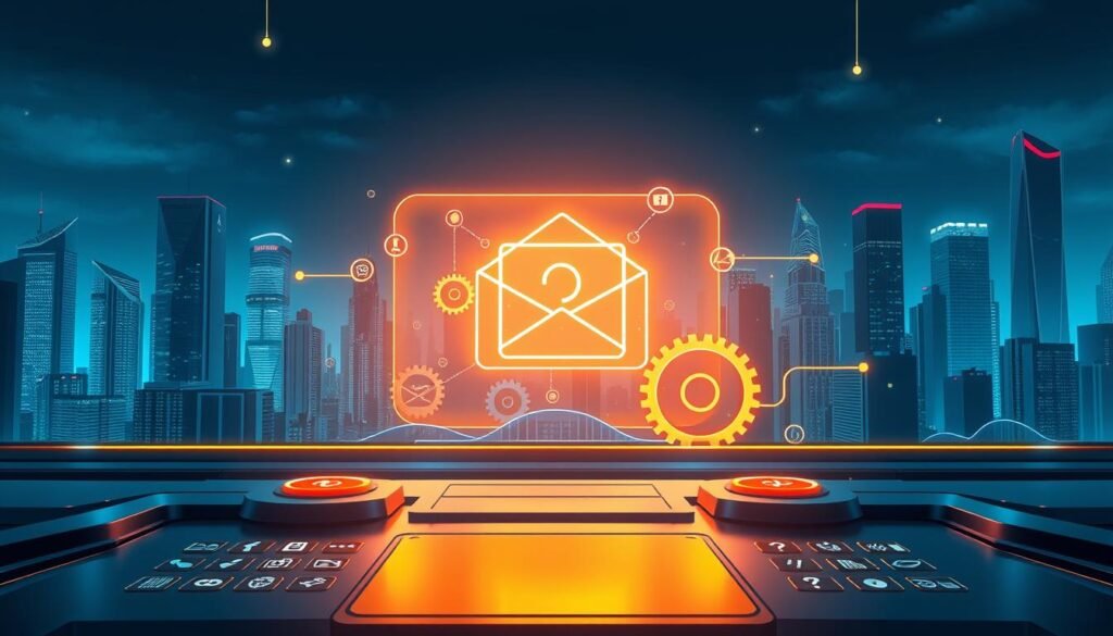 A dynamic, futuristic illustration of automated email marketing workflows. In the foreground, a sleek, metallic interface with glowing icons and buttons, representing the user controls for crafting tailored email sequences. In the middle ground, a series of interconnected cogs and gears, symbolizing the intricate automation processes behind the scenes. The background features a cityscape of towering skyscrapers, hinting at the scale and sophistication of modern marketing automation. Illuminated by a cool, blue-tinted lighting, the scene conveys a sense of efficiency, precision, and technological prowess, perfectly aligned with the "launch playbook" theme. A dynamic, futuristic illustration of automated email marketing workflows. In the foreground, a sleek, metallic interface with glowing icons and buttons, representing the user controls for crafting tailored email sequences. In the middle ground, a series of interconnected cogs and gears, symbolizing the intricate automation processes behind the scenes. The background features a cityscape of towering skyscrapers, hinting at the scale and sophistication of modern marketing automation. Illuminated by a cool, blue-tinted lighting, the scene conveys a sense of efficiency, precision, and technological prowess, perfectly aligned with the "launch playbook" theme.