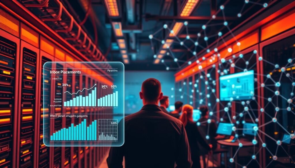 A dynamic scene of email deliverability in action. Warm tones bathe a bustling server room, with rows of sleek hardware processing incoming messages. In the foreground, a holographic display shows real-time metrics - inbox placement rates, sender reputation scores, and email engagement data. The middle ground features a team of analysts monitoring these vital statistics, their faces illuminated by the glow of multiple screens. In the background, a vast network of interconnected nodes represents the complex web of email service providers, spam filters, and content rules governing message delivery. An atmosphere of technological prowess and data-driven optimization pervades the scene, emphasizing the critical importance of deliverability in successful email marketing campaigns. A dynamic scene of email deliverability in action. Warm tones bathe a bustling server room, with rows of sleek hardware processing incoming messages. In the foreground, a holographic display shows real-time metrics - inbox placement rates, sender reputation scores, and email engagement data. The middle ground features a team of analysts monitoring these vital statistics, their faces illuminated by the glow of multiple screens. In the background, a vast network of interconnected nodes represents the complex web of email service providers, spam filters, and content rules governing message delivery. An atmosphere of technological prowess and data-driven optimization pervades the scene, emphasizing the critical importance of deliverability in successful email marketing campaigns.