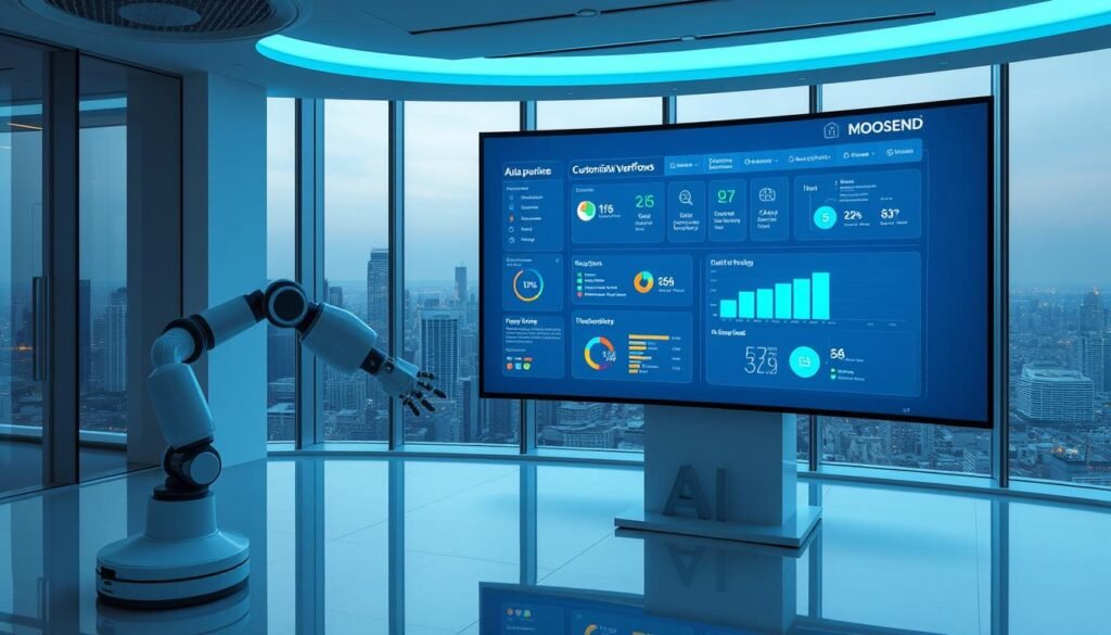 A futuristic office interior, with a sleek and modern Moosend automation dashboard projected on a large curved display. The dashboard showcases various AI-powered features and customizable workflows, bathed in a cool, blue-tinted lighting that creates a soothing, technological ambiance. In the foreground, a stylized robotic arm manipulates data visualizations, while in the background, a panoramic city skyline can be seen through large windows, suggesting the global reach and scalability of the platform. The composition is balanced, with clean lines and a minimalist aesthetic that reflects the efficiency and sophistication of the Moosend email marketing automation system.