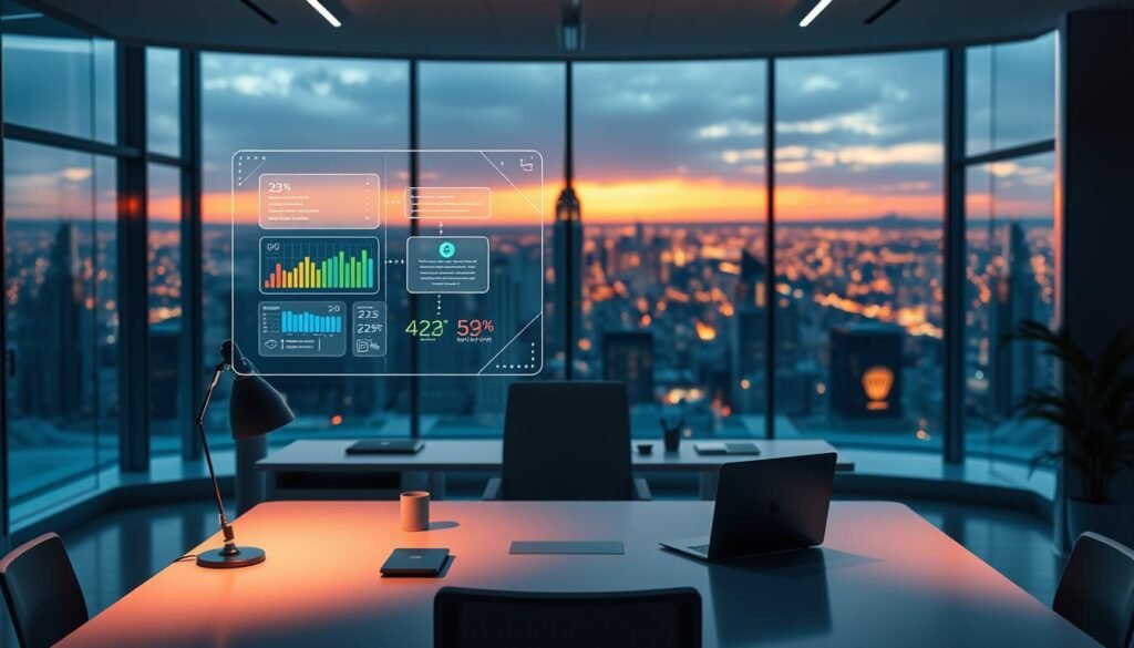 A futuristic office scene with a sleek, minimalist email automation interface at the center. The foreground features a floating hologram display showing automated email workflows, with colorful graphs and data visualizations. In the middle ground, a modern desk with a laptop and other office supplies, bathed in warm, diffused lighting. The background showcases a panoramic cityscape view through floor-to-ceiling windows, creating a sense of urban sophistication. The overall mood is one of efficiency, productivity, and technological innovation, reflecting the power and cost-effectiveness of Moosend's email automation capabilities.