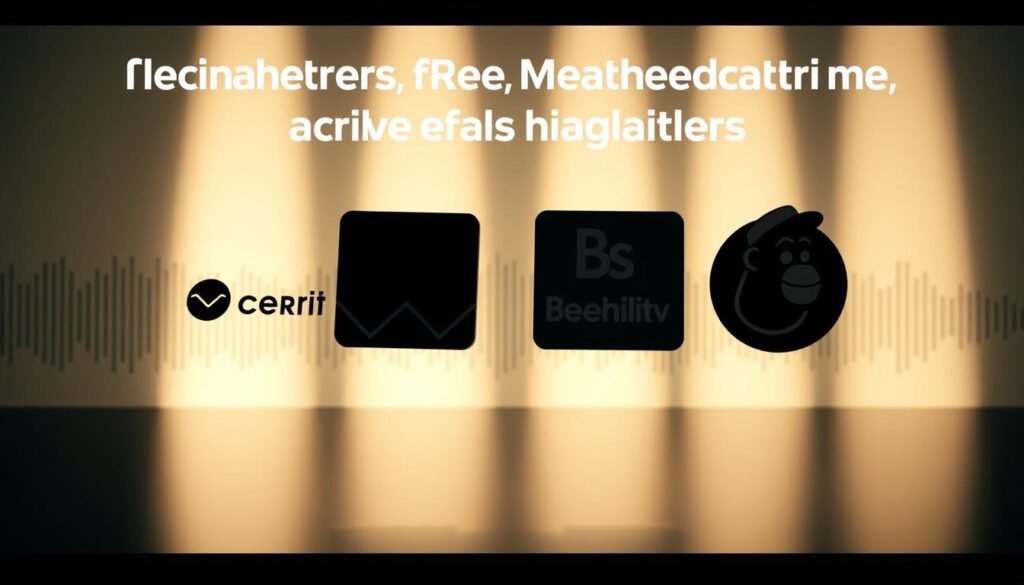 A high-contrast, cinematic image showcasing four prominent email marketing platforms for podcasters: ConvertKit, MailerLite, Beehiiv, and Mailchimp. In the foreground, the logos of these services float in a sleek, minimalist arrangement, illuminated by dramatic lighting that casts long shadows. The middle ground features a backdrop of audio waveforms, subtly alluding to the podcast context. In the distant background, a faint pattern of honeycomb shapes suggests the themes of community and productivity associated with these tools. The overall composition conveys a sense of professional comparison and evaluation, with a tone of modern technology and digital innovation.