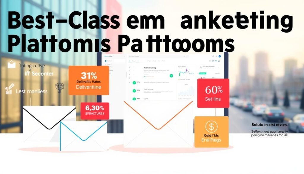A high-contrast, sharply focused digital illustration depicting the core features and key considerations of best-in-class email marketing platforms for local service businesses. In the foreground, a stylized email envelope icon flanked by vivid data visualizations highlighting metrics like deliverability rates, integration capabilities, and cost structures. The middle ground features a clean, minimalist UI mockup showcasing intuitive campaign management and analytics tools. The background is a softly blurred cityscape, conveying the local, small business context. The overall mood is professional, tech-forward, and solution-oriented, reflecting the practical needs of the target audience.