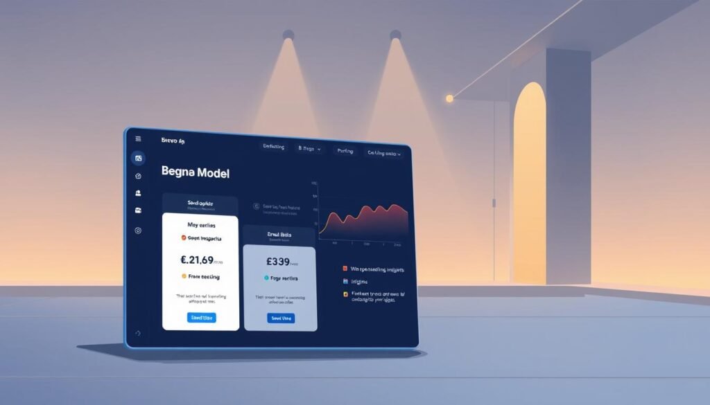 A high-fidelity digital illustration depicting the Brevo email marketing platform's send-based pricing model. In the foreground, a sleek, modern user interface showcases various pricing tiers and email quota options. The midground features a stylized data visualization, representing the platform's analytical capabilities and insights. In the background, a minimalist architectural environment suggests the platform's enterprise-level features and integrations. The scene is lit by warm, directional lighting, creating a sense of depth and professionalism. The overall mood is one of sophistication, efficiency, and data-driven decision-making.