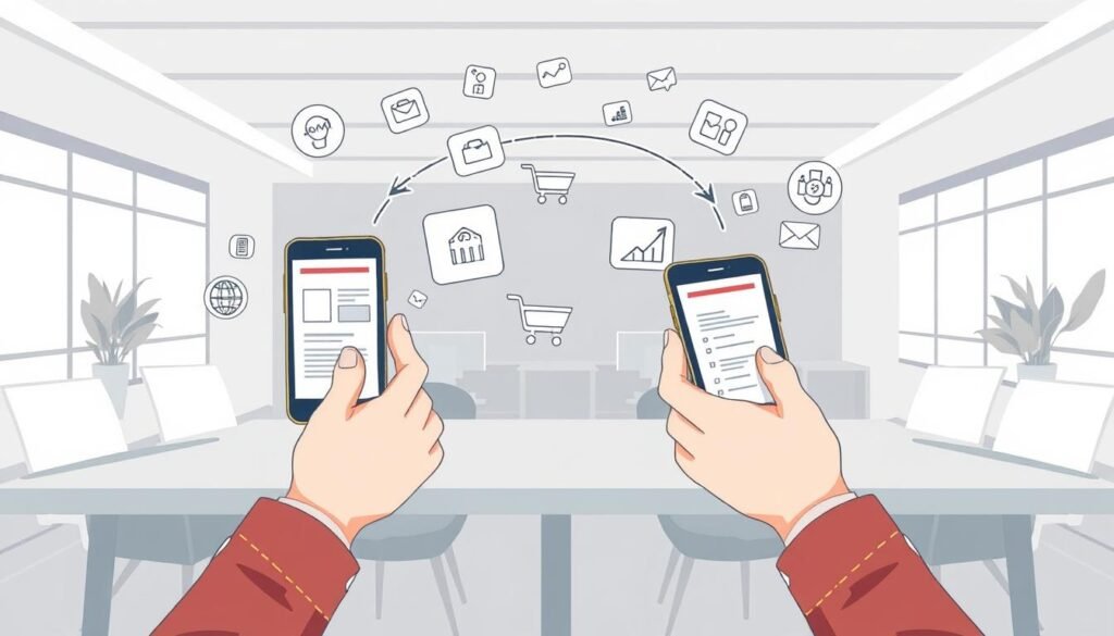 A high-quality digital illustration depicting the concepts of upsell and cross-sell in an e-commerce or email marketing setting. In the foreground, two hands holding mobile devices or laptops, representing a customer and a business. The hands are connected with arrows, symbolizing the upsell and cross-sell process. The middle ground features various product icons, shopping carts, and email templates to convey the commercial context. The background showcases a modern, minimalist office or workspace environment with clean lines, neutral colors, and subtle geometric patterns to create a professional, tech-savvy atmosphere. The overall mood is one of efficiency, opportunity, and strategic business growth. A high-quality digital illustration depicting the concepts of upsell and cross-sell in an e-commerce or email marketing setting. In the foreground, two hands holding mobile devices or laptops, representing a customer and a business. The hands are connected with arrows, symbolizing the upsell and cross-sell process. The middle ground features various product icons, shopping carts, and email templates to convey the commercial context. The background showcases a modern, minimalist office or workspace environment with clean lines, neutral colors, and subtle geometric patterns to create a professional, tech-savvy atmosphere. The overall mood is one of efficiency, opportunity, and strategic business growth.