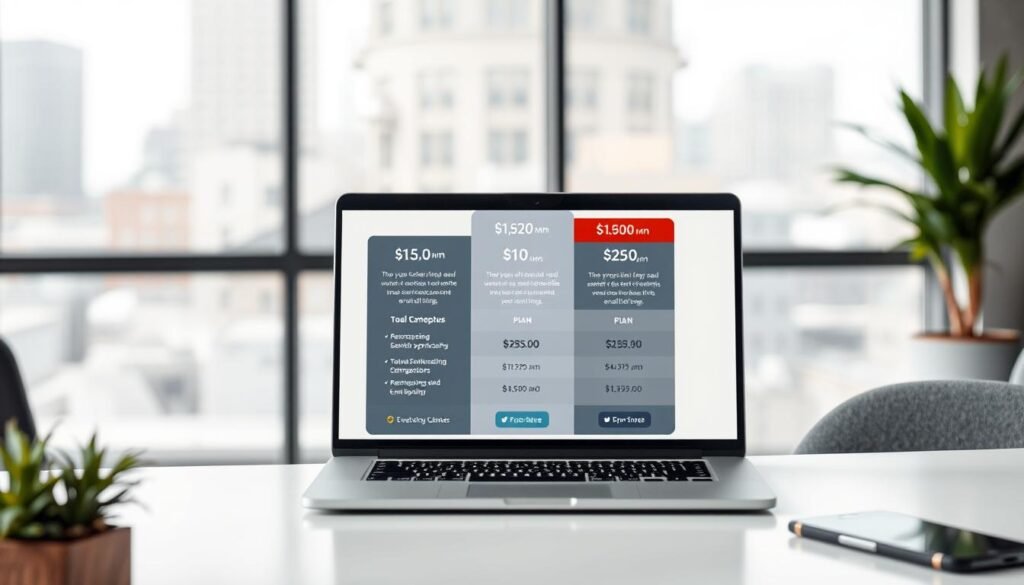 A high-quality, well-lit image of the EmailOctopus pricing page, displayed on a sleek silver laptop in a modern office setting. The laptop is placed on a minimalist desk with a plant and a pen holder in the foreground. The pricing table is the focal point, showcasing the different plans and their respective features in a clean, organized layout. The background is a soft, blurred view of the office, with a large window overlooking a cityscape. The overall mood is professional, inviting, and conveys the affordable scaling capabilities of EmailOctopus for growing email lists. A high-quality, well-lit image of the EmailOctopus pricing page, displayed on a sleek silver laptop in a modern office setting. The laptop is placed on a minimalist desk with a plant and a pen holder in the foreground. The pricing table is the focal point, showcasing the different plans and their respective features in a clean, organized layout. The background is a soft, blurred view of the office, with a large window overlooking a cityscape. The overall mood is professional, inviting, and conveys the affordable scaling capabilities of EmailOctopus for growing email lists.