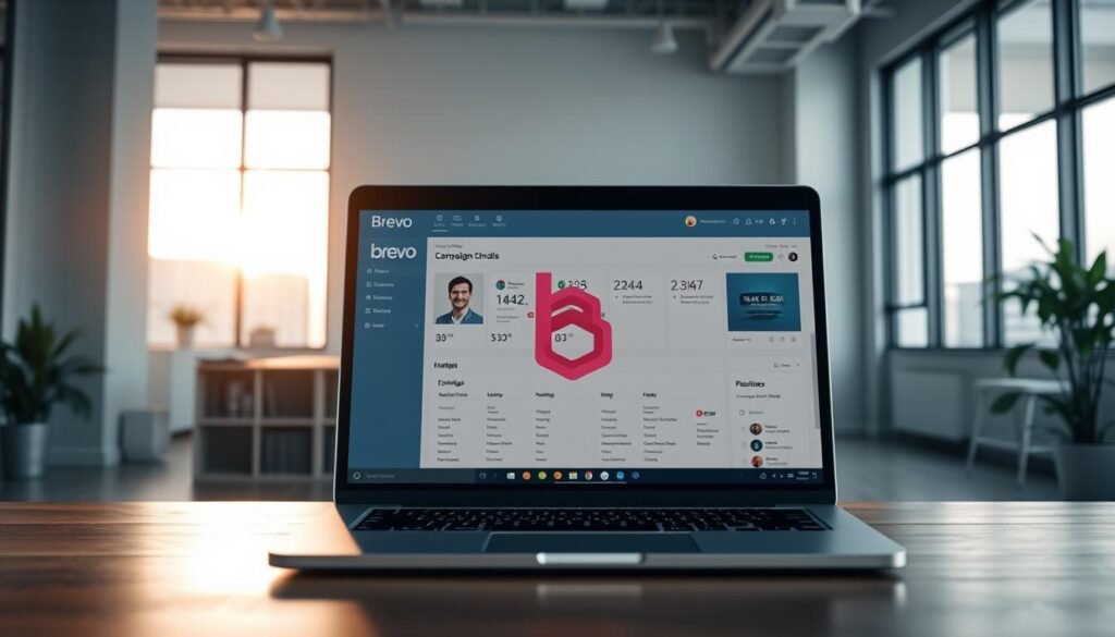 A high-resolution, cinematic image of the Brevo email marketing platform. In the foreground, a modern laptop displaying the Brevo dashboard, with its intuitive user interface and campaign management tools. In the middle ground, a stylized representation of the Brevo logo, featuring the distinctive "B" symbol in a vibrant color. The background showcases a sleek, minimalist office setting, with clean lines, large windows, and a warm, natural lighting that casts a soft glow over the scene. The overall mood is one of sophistication, efficiency, and innovative technology, reflecting Brevo's position as a flexible and powerful email and SMS marketing solution. A high-resolution, cinematic image of the Brevo email marketing platform. In the foreground, a modern laptop displaying the Brevo dashboard, with its intuitive user interface and campaign management tools. In the middle ground, a stylized representation of the Brevo logo, featuring the distinctive "B" symbol in a vibrant color. The background showcases a sleek, minimalist office setting, with clean lines, large windows, and a warm, natural lighting that casts a soft glow over the scene. The overall mood is one of sophistication, efficiency, and innovative technology, reflecting Brevo's position as a flexible and powerful email and SMS marketing solution.