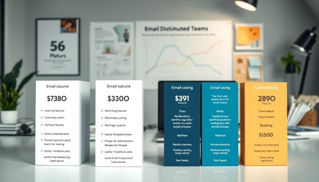 A high-resolution image showcasing various pricing options and plans for email marketing platforms. In the foreground, a table displaying different tiers, features, and pricing details for the platforms. The middle ground features a line graph charting the learning curve and onboarding process for distributed teams. The background depicts a workspace with a laptop, documents, and collaborative tools, conveying the practical application of these email marketing services. Lighting is soft and diffused, creating a professional and informative atmosphere. The overall composition emphasizes the key details required for teams to evaluate and select the best email marketing solution for their needs.