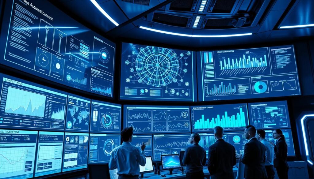 A high-tech control room with large, wall-mounted displays showcasing real-time data visualizations and interactive automation workflows. The room is bathed in a cool, blue-tinted lighting, creating a sleek, futuristic atmosphere. Intricate, interconnected diagrams and live analytics charts depict the seamless integration of various marketing channels, illustrating the orchestration of an omnichannel campaign. In the foreground, a team of data analysts and marketing experts collaborate, gesturing towards the screens and discussing insights. The scene conveys a sense of efficiency, precision, and the power of real-time automation to drive impactful, data-driven marketing strategies. A high-tech control room with large, wall-mounted displays showcasing real-time data visualizations and interactive automation workflows. The room is bathed in a cool, blue-tinted lighting, creating a sleek, futuristic atmosphere. Intricate, interconnected diagrams and live analytics charts depict the seamless integration of various marketing channels, illustrating the orchestration of an omnichannel campaign. In the foreground, a team of data analysts and marketing experts collaborate, gesturing towards the screens and discussing insights. The scene conveys a sense of efficiency, precision, and the power of real-time automation to drive impactful, data-driven marketing strategies.