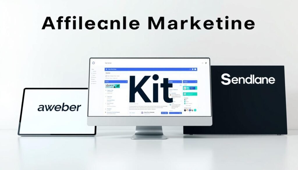 A highly detailed, photorealistic comparison of the AWeber, Kit, and Sendlane email marketing platforms, presented against a clean, minimalist background. The three platforms are showcased in the foreground, with their logos, interfaces, and key features highlighted using a crisp, professional lighting setup. The middle ground features a subtle grid or chart, allowing for direct visual comparison of the platforms' capabilities. The background maintains a serene, uncluttered atmosphere, allowing the subject to take center stage. The overall tone is one of informative clarity, guiding the viewer through the nuances of these three email marketing tools and their suitability for affiliate marketing use cases.