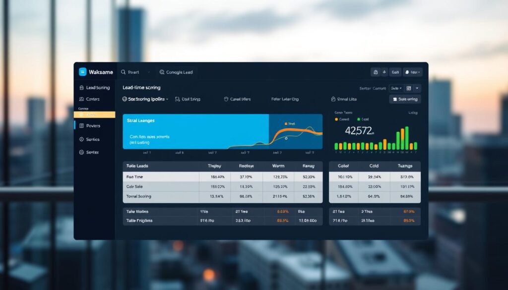 A meticulously designed dashboard showcasing a CRM system's lead scoring functionality. In the foreground, a crisp graph displays the real-time scoring of sales leads, with color-coded segments highlighting hot, warm, and cold prospects. The middle ground features a clean, minimalist interface with intuitive controls and customizable filters, allowing sales teams to effortlessly sort and prioritize their pipeline. In the background, a blurred cityscape provides a subtle, professional ambiance, conveying the importance of this data-driven sales alignment tool. Lit by soft, directional lighting, the scene exudes a sense of precision and clarity, crucial for aligning marketing and sales efforts.