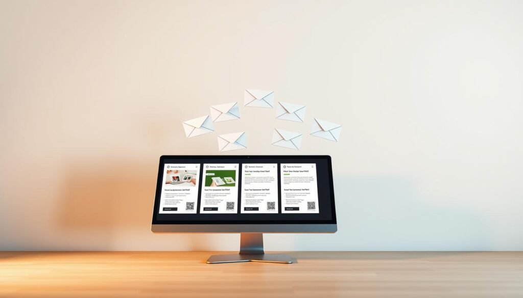 A minimalist composition showcasing email marketing sequences. In the foreground, a sleek desktop device displays a series of email templates with clean, modern typography. The middle ground features a floating array of envelopes, each representing a distinct email in the sequence. The background is a softly blurred gradient, creating a sense of depth and focus on the central elements. Warm, directional lighting casts subtle shadows, emphasizing the three-dimensional nature of the scene. The overall mood is professional, technology-driven, and optimized for a concise, informative visual representation of multi-step email campaigns.