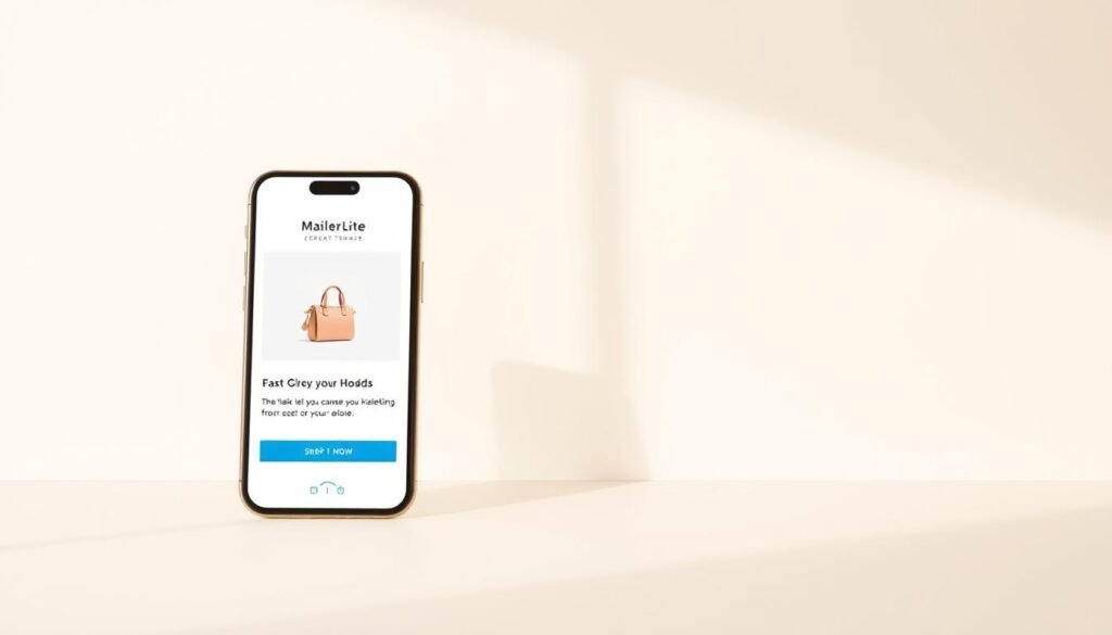 A minimalist, elegantly-designed ecommerce email template from MailerLite. The foreground shows a clean, mobile-responsive layout with a prominent product image, a concise heading, and a clear call-to-action button. The middle ground features a subtle pattern or texture that adds visual interest. The background has a soft, neutral color palette that complements the brand's aesthetic. The lighting is soft and diffused, creating a warm, inviting atmosphere. The overall composition conveys a sense of professionalism, simplicity, and ease-of-use that aligns with MailerLite's positioning as an accessible, budget-friendly email marketing platform for ecommerce stores. A minimalist, elegantly-designed ecommerce email template from MailerLite. The foreground shows a clean, mobile-responsive layout with a prominent product image, a concise heading, and a clear call-to-action button. The middle ground features a subtle pattern or texture that adds visual interest. The background has a soft, neutral color palette that complements the brand's aesthetic. The lighting is soft and diffused, creating a warm, inviting atmosphere. The overall composition conveys a sense of professionalism, simplicity, and ease-of-use that aligns with MailerLite's positioning as an accessible, budget-friendly email marketing platform for ecommerce stores.