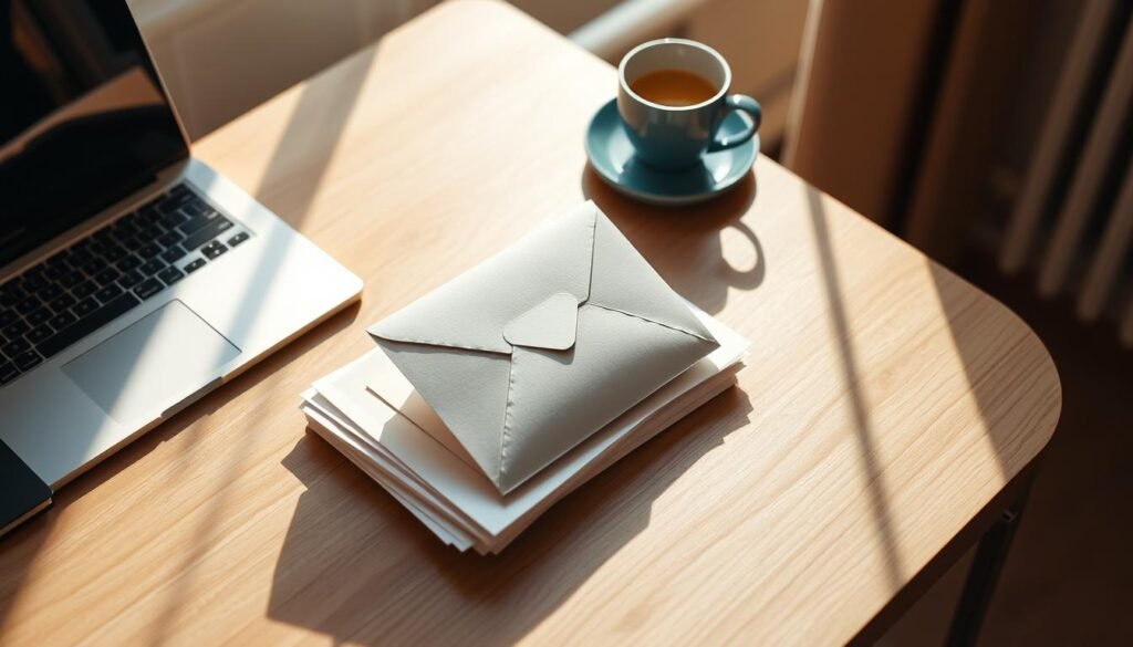 A minimalist office desk with a laptop, coffee mug, and a freshly opened envelope on the center. The envelope sits atop a stack of papers, casting a soft shadow on the desktop. The lighting is warm and natural, streaming in through a nearby window, creating a cozy, focused atmosphere. The camera angle is slightly elevated, giving a bird's-eye view of the desk, emphasizing the importance of the first email in the welcome sequence. The background is blurred, keeping the focus on the desktop elements. A minimalist office desk with a laptop, coffee mug, and a freshly opened envelope on the center. The envelope sits atop a stack of papers, casting a soft shadow on the desktop. The lighting is warm and natural, streaming in through a nearby window, creating a cozy, focused atmosphere. The camera angle is slightly elevated, giving a bird's-eye view of the desk, emphasizing the importance of the first email in the welcome sequence. The background is blurred, keeping the focus on the desktop elements.