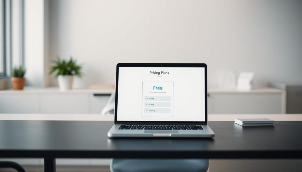 A modern and minimalist office setting, with a sleek desk and minimal decor. On the desk, a laptop displays a pricing plan interface, showcasing a "Free" option in the center. The laptop screen is well-lit, casting a soft glow across the desk. The background is blurred, creating a sense of depth and focus on the pricing plan. The overall mood is professional, clean, and inviting, reflecting the subject of email marketing platforms and their pricing structures. A modern and minimalist office setting, with a sleek desk and minimal decor. On the desk, a laptop displays a pricing plan interface, showcasing a "Free" option in the center. The laptop screen is well-lit, casting a soft glow across the desk. The background is blurred, creating a sense of depth and focus on the pricing plan. The overall mood is professional, clean, and inviting, reflecting the subject of email marketing platforms and their pricing structures.