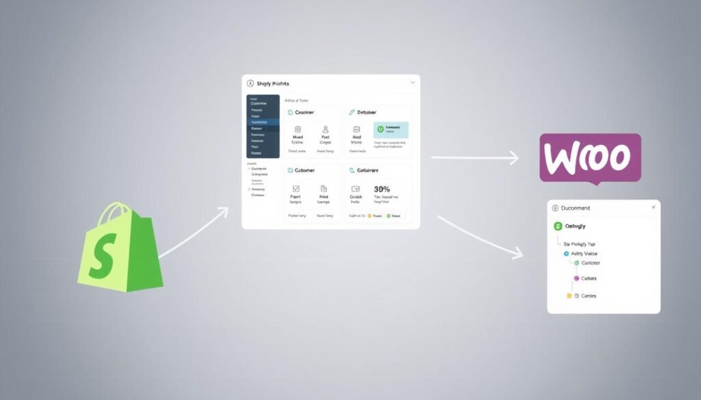A modern and visually appealing software integration diagram showcasing the seamless connection between Shopify, WooCommerce, and a customer relationship management (CRM) platform. The foreground features clean icons and intuitive data flow arrows, highlighting the integration points. The middle ground displays detailed product, customer, and order information synchronizing across the platforms. In the background, a subtle grid pattern and minimalist color scheme convey a sense of technological sophistication. Soft, diffused lighting casts a professional, yet approachable tone, emphasizing the flexibility and scalability of this integrated tech stack for mid-sized companies. A modern and visually appealing software integration diagram showcasing the seamless connection between Shopify, WooCommerce, and a customer relationship management (CRM) platform. The foreground features clean icons and intuitive data flow arrows, highlighting the integration points. The middle ground displays detailed product, customer, and order information synchronizing across the platforms. In the background, a subtle grid pattern and minimalist color scheme convey a sense of technological sophistication. Soft, diffused lighting casts a professional, yet approachable tone, emphasizing the flexibility and scalability of this integrated tech stack for mid-sized companies.