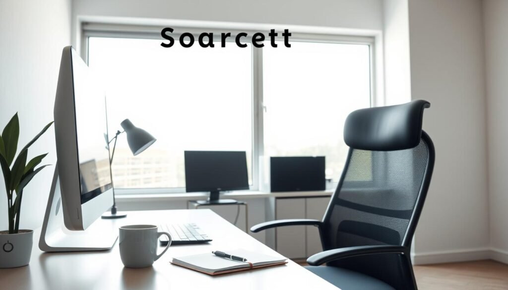 A modern, clean workspace with a sleek desktop computer, a mug of coffee, and a stylish office chair. The desk is neatly organized, with a notebook, a pen, and a minimalist lamp. A large window in the background allows natural light to flood the space, creating a bright and airy atmosphere. The walls are a soft, calming color, and there is a sense of tranquility and focus in the environment. The overall mood is one of productivity, efficiency, and a readiness to "get started" on the next project.