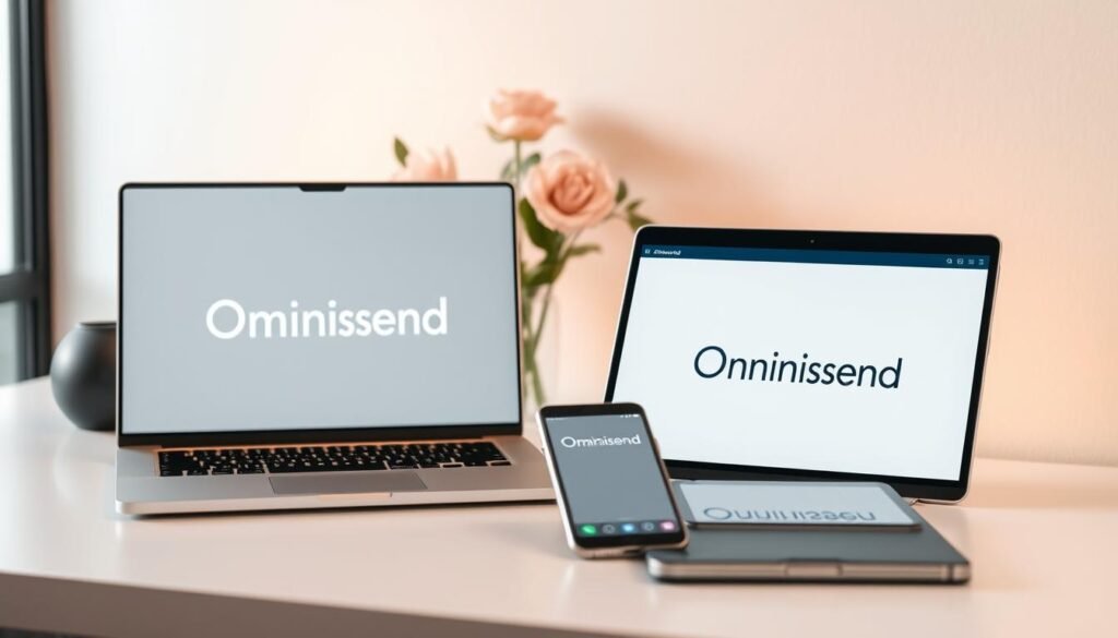 A modern, minimalist desktop scene featuring the Omnisend logo prominently displayed on a sleek laptop. In the foreground, a smartphone and tablet seamlessly integrated, showcasing various communication channels - email, SMS, and social media. The middle ground features an elegant floral arrangement, hinting at the beauty and skincare industry. The background is filled with a soft, muted gradient, creating a calming, professional atmosphere. Warm, directional lighting illuminates the setup, emphasizing the unified, cohesive nature of the Omnisend platform. The overall composition conveys a sense of streamlined efficiency and elegant simplicity, perfectly suited for a beauty and skincare business.