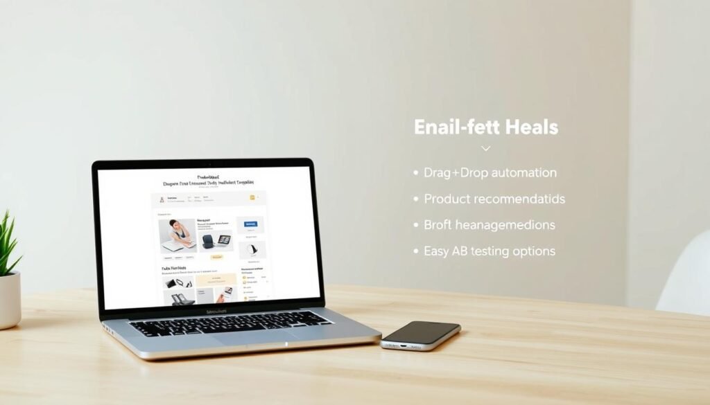 A modern, minimalist desktop workspace with a laptop, tablet, and smartphone prominently displayed. The laptop screen shows a pre-built email template with a clean, organized layout, highlighting key features like drag-and-drop automation, product recommendations, and A/B testing options. The desk is made of light-colored wood, and the background features soft, pastel-colored walls and subtle lighting, creating a calm, professional atmosphere. The overall scene conveys efficiency, simplicity, and the ease of use of the Omnisend email marketing platform. A modern, minimalist desktop workspace with a laptop, tablet, and smartphone prominently displayed. The laptop screen shows a pre-built email template with a clean, organized layout, highlighting key features like drag-and-drop automation, product recommendations, and A/B testing options. The desk is made of light-colored wood, and the background features soft, pastel-colored walls and subtle lighting, creating a calm, professional atmosphere. The overall scene conveys efficiency, simplicity, and the ease of use of the Omnisend email marketing platform.